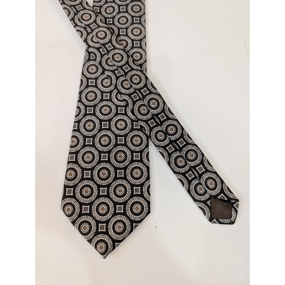 Arrow Necktie Mens Brown‎ Black Geometric Circle Pattern Italian Made 54" - Picture 2 of 3